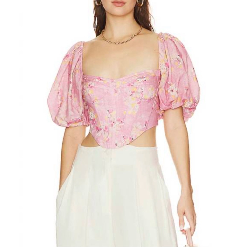 NWOT Bardot Kiah Floral Cropped Corset in Pink Garden w/ Puff-Sleeve Size 6